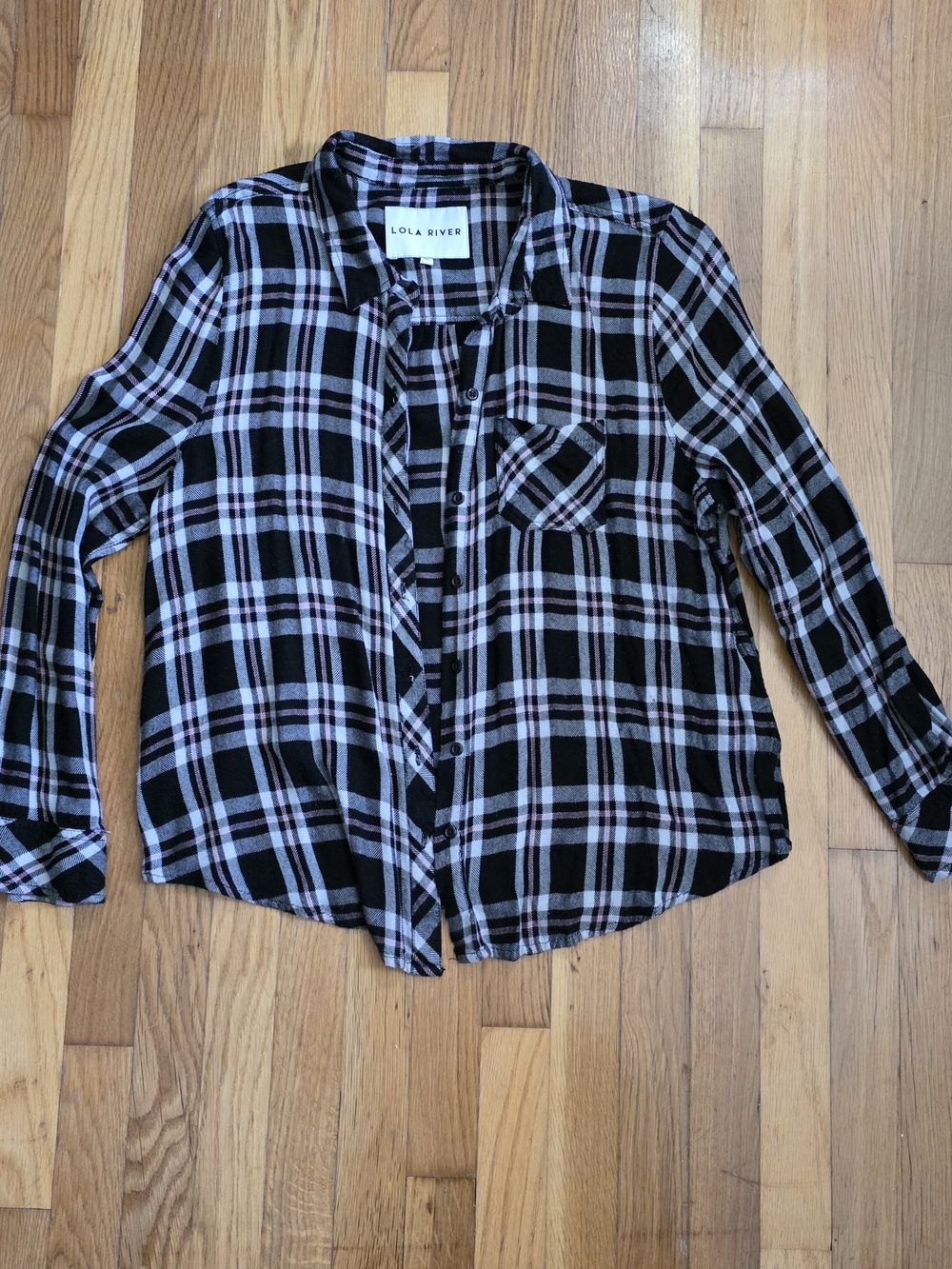 Lola River Plaid Button Down Shirt XL Black White Pink Viscose
